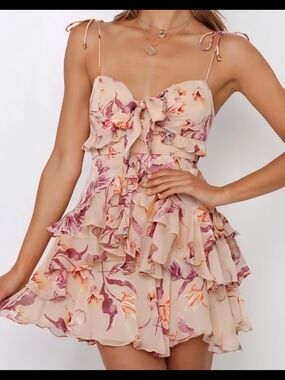 Hello Molly Blush Floral Ruffle Tie-Front Mini Dress